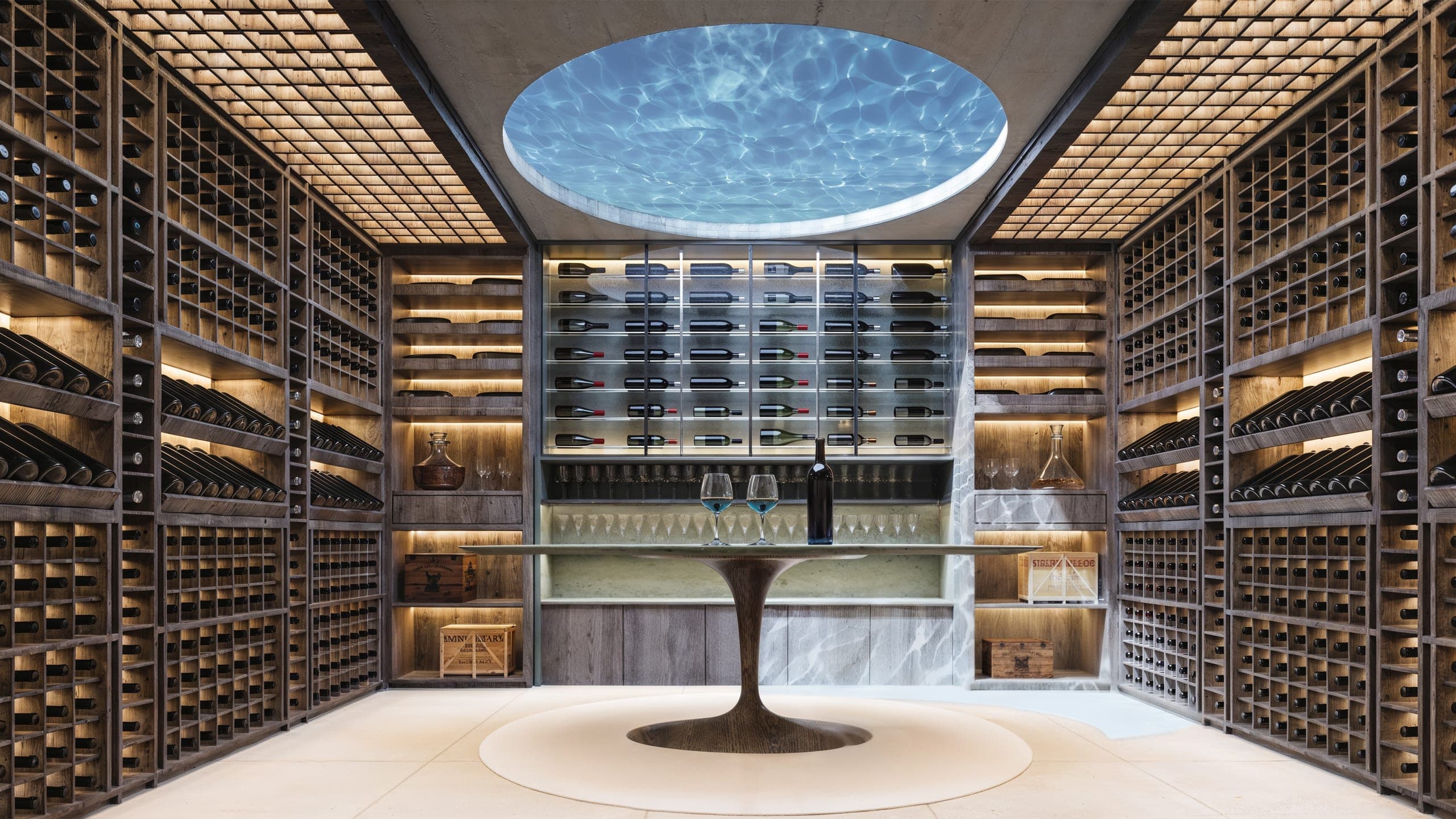 Basement — the wine cellar beneath the circular glass floor of the pool, bathed in refracted light.