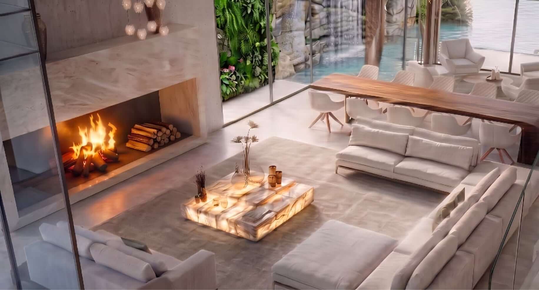The fireplace on the axis of the living room, with the solid-timber dining table and the pool's vertical garden beyond.