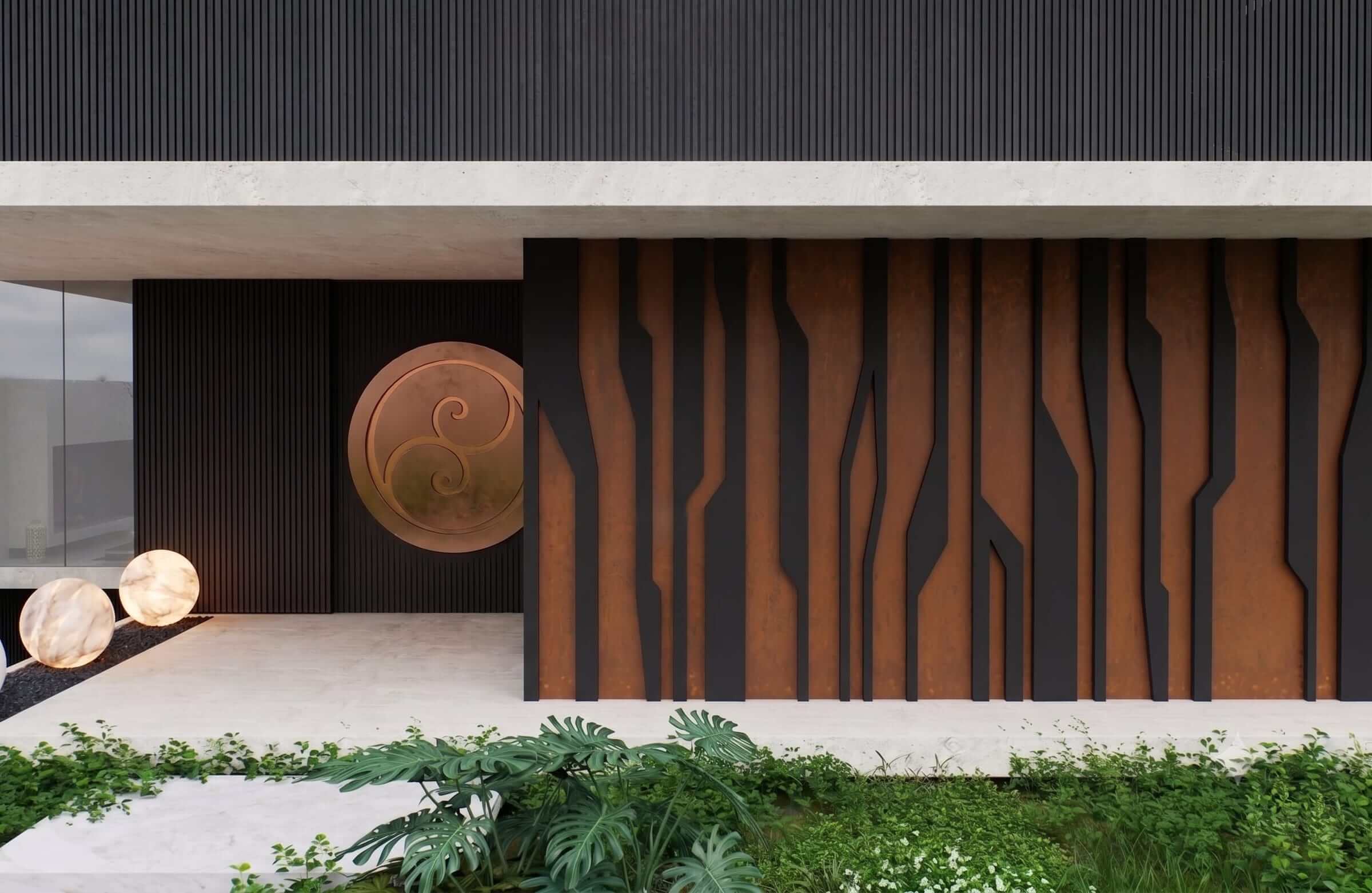 The entrance façade: the copper monogram on its dark panel, beside the vertical blades that restate the fig tree's trunks.