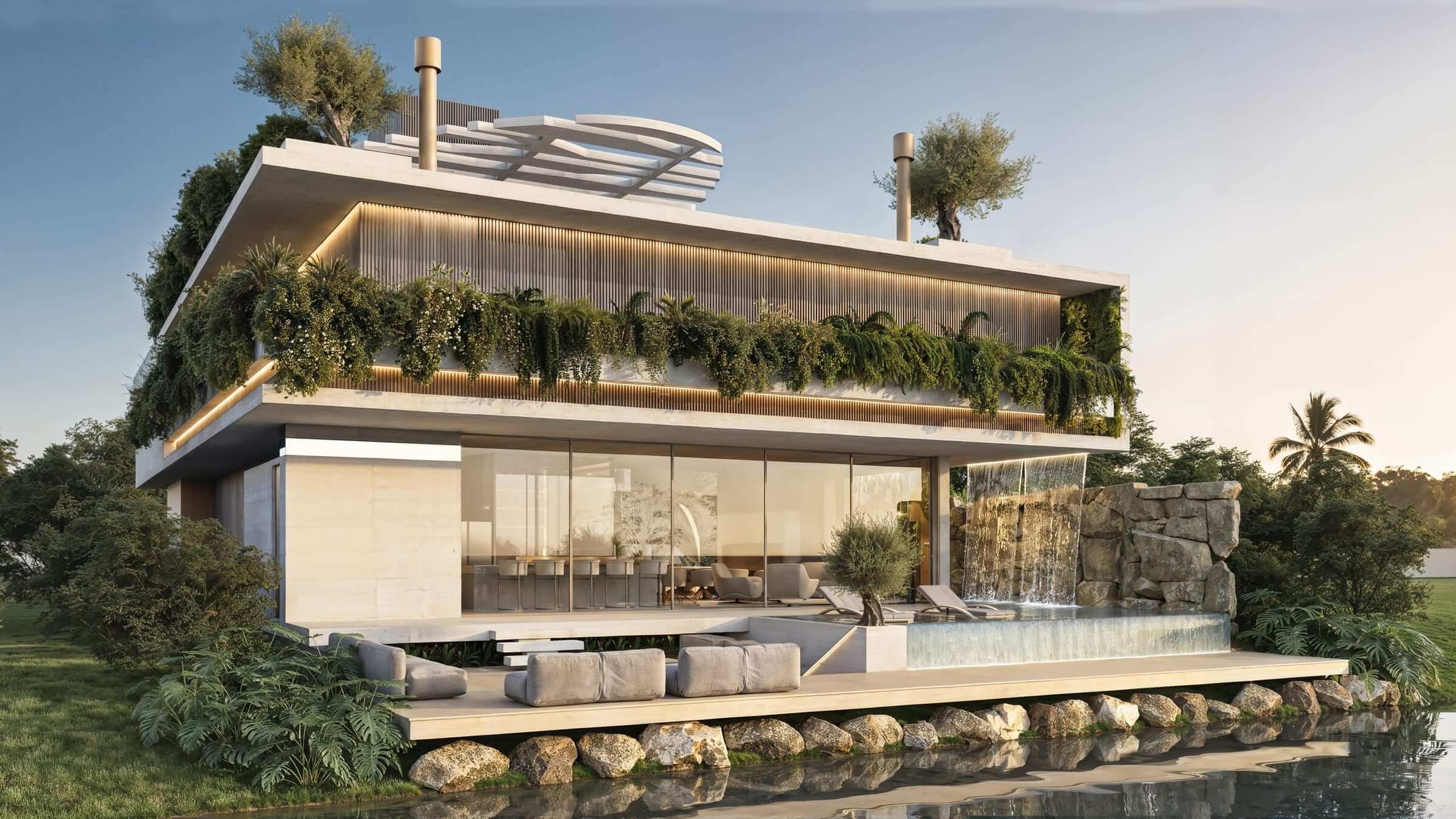 The lake façade: the living room opening onto the deck and the pool, beneath the hanging gardens of the floors above.