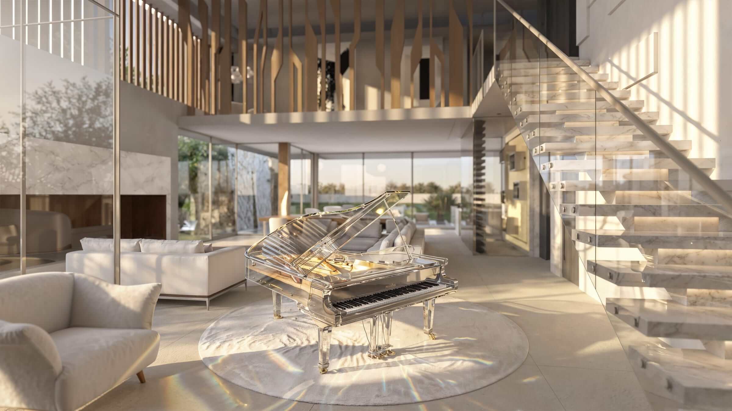 Triple-height living room with a crystal grand piano, floating staircase and copper vertical elements.