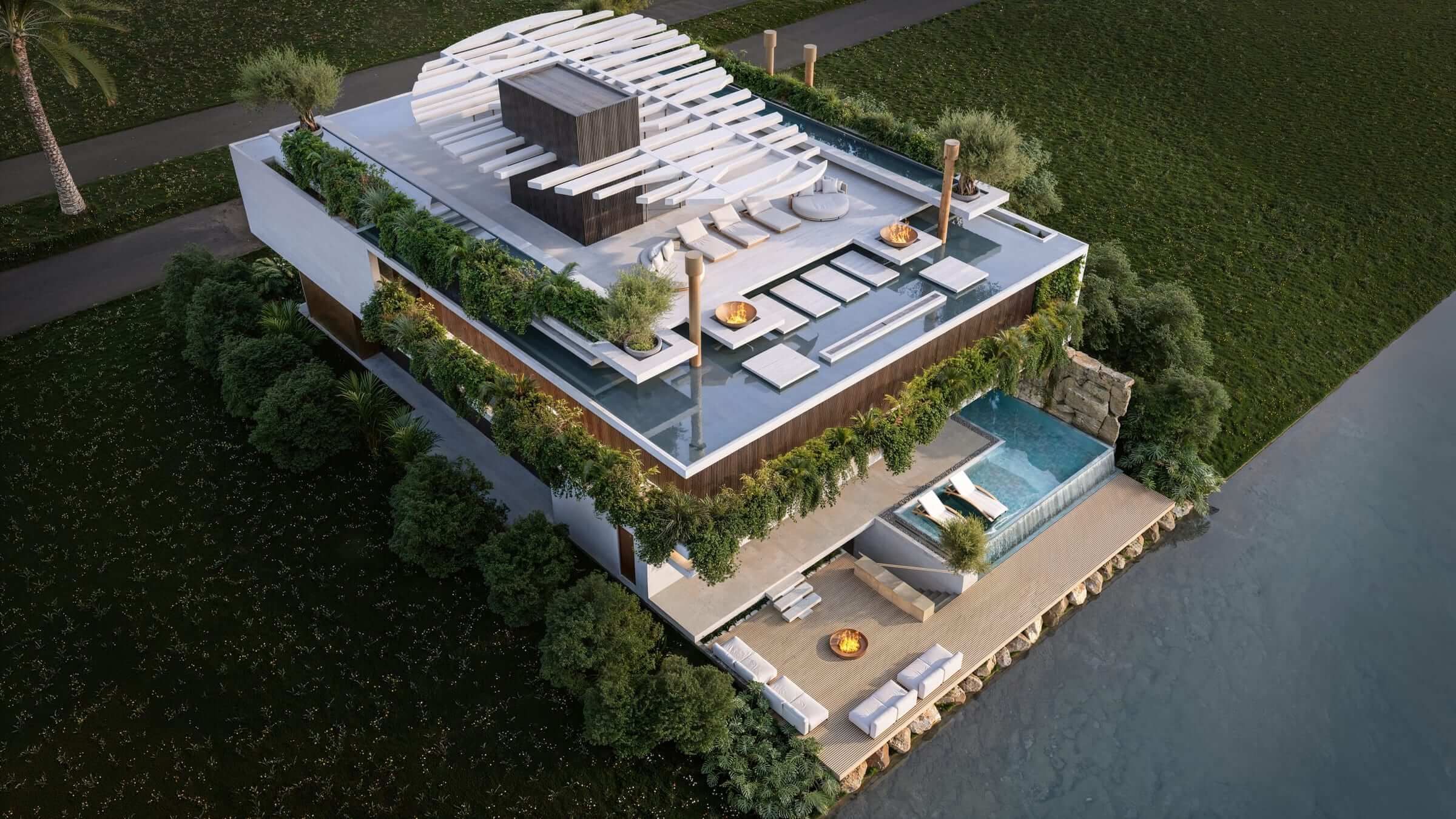 The residence seen from above: the sky garden under its organic pergola, vertical gardens spilling down every edge, and the deck meeting the lake.