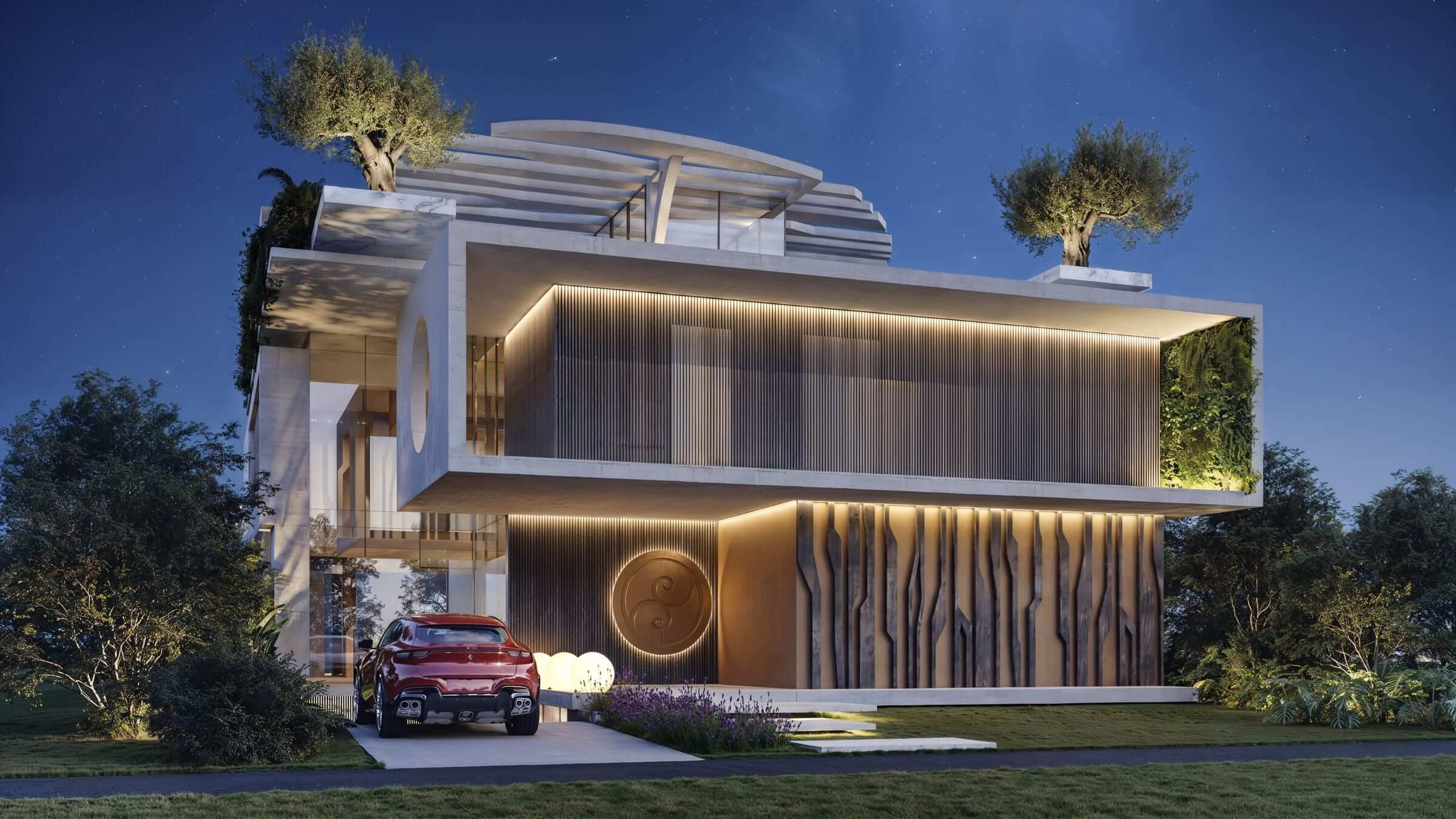 Casa Sovrana at dusk — white concrete volumes and copper brise-soleil, backlit timber slats and rooftop olive trees rising above the entrance.