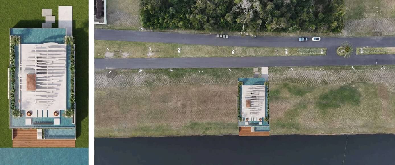 On the left, the roof plan of Casa Sovrana; on the right, the same footprint over the site's aerial photograph, between the avenue and the lake.